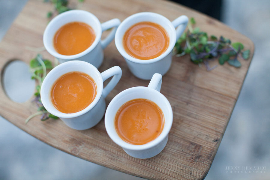 Wedding food idea - serve foods like soup in cups or mugs that are easy for guests to grab.